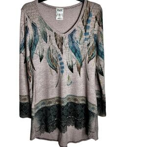 Vocal Women's Long Sleeve Tunic Top Sz M Lace Hi Low Hem Brown Blue Tones Knit